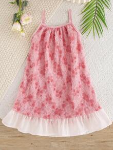 SHEIN Elladie kids 女童梭织网纱刺绣百合花缎面荷叶边吊带连衣裙，适合夏季日常穿着、外出、旅行、度假和聚会。 - 粉色 - 查看 5