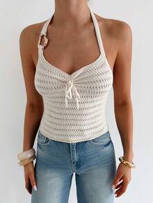 Firerie Women's Halter Neck Hollow Out Knit Top, Summer - Apricot - View 9