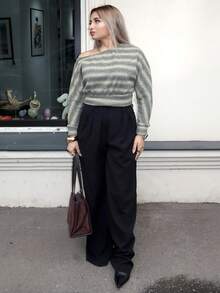 salliqueen 女式秋冬 Y2K 休闲日常条纹弹力长袖露肩 T 恤 - 綠色 - 查看 1