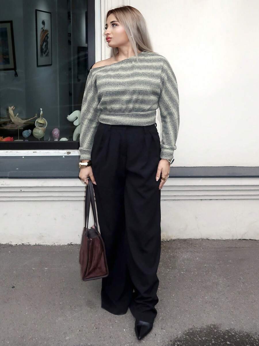 salliqueen 女式秋冬 Y2K 休闲日常条纹弹力长袖露肩 T 恤 - 綠色 - 查看 1