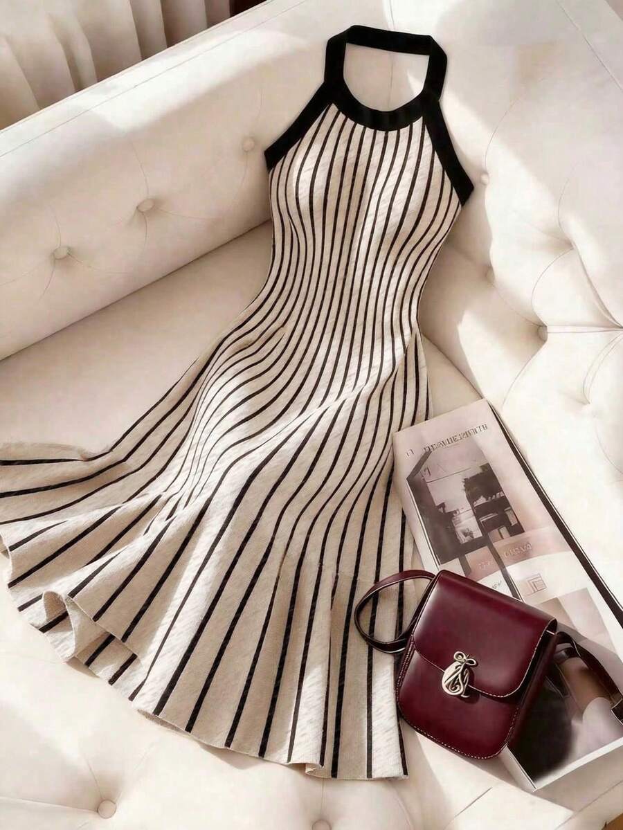 Franclia 女士优雅通勤条纹露背吊带针织连衣裙，夏季 - 杏色 - 查看 1