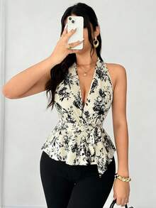 Rafferiza 女士优雅时尚V领荷叶边下摆系带露背时尚设计百搭春夏休闲衬衫，适合度假休闲、海滩旅行、春夏新款、情人节约会、商务通勤、生日、波西米亚风假日、夏季假期等各种场合。 - 彩色 - 查看 7