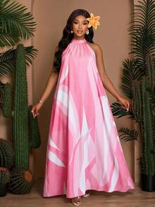 SOLERSUN 大码女装春夏宽松休闲印花无袖露背领口系带抽绳A字连衣裙，夏季连衣裙，沙滩度假长裙（带侧袋） - 粉色 - 查看 6