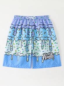 1 pieza Traje de baño para adolescentes varones con estampado de helado degradado azul y gofre, traje de baño casual y de moda para nadar, vacaciones de verano, playa, fiesta en la piscina - Azul - Ver 7