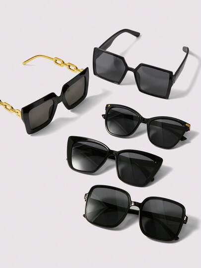Visivana 5副/套大框黑色眼镜，适合女性日常、返校、暑假、海滩度假等场合，可用作服装配饰、沙滩眼镜，也适合夏季海滩度假、户外旅行等其他场合。现代优雅时尚配饰，休闲优雅，现代派对波西米亚风格，母亲节、毕业季和假期送礼佳品。