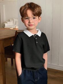 DAZY Young Boy Colorblock Polo Collar Short Sleeve Casual Sweater Summer - Black - View 5