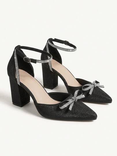 SHEIN X Lucía Bellido CUCCOO CHICEST 女士鞋蝴蝶结和水钻装饰粗跟高跟鞋，迷人黑色缎面踝带高跟鞋，适合夏季毕业高跟鞋舞会高跟鞋度假鞋夏季促销优雅高跟鞋圣诞节秋季新年假期