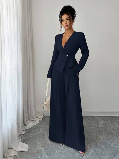 Elenzga Elegant V-Neck Two Pieces Set For Women, A Sophisticated Women's Suit, Perfect For New Year's Wear. This High-End, Dignified Long-Sleeved Set Features A Uniquely Cinched Waist With An Asymmetrical Hem, Paired With Loose-Fitting Straight-Leg Wide-Leg Trousers. An Elegant And Professional Set, Suitable For Thanksgiving And Halloween Celebrations. A Must-Have For Autumn, This New Style Is Perfect For Work Commutes In Autumn And Winter, Suitable For Business Casual Occasions.