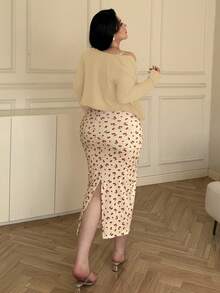 Vibekara 大码女式春夏长袖针织开衫+吊带花卉蝴蝶结腰带樱桃水果印花优雅复古可爱甜美休闲度假裹身裙两件套 - 杏色 - 查看 2