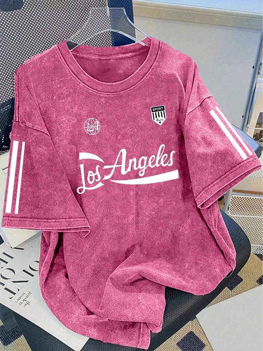 Manfinity Joysei 男女通用复古学院风洛杉矶印花水洗棉T恤 - 粉色 - 查看 1