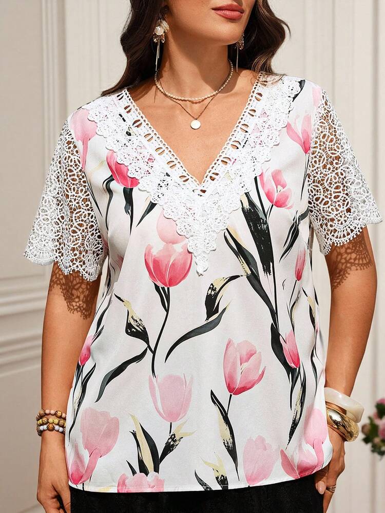 Plus Size Women Lace Sleeve Blouse, Summer, Floral Tops Going Out Elegant Top, Spring,Vacation, Boho Top Blouse For Women Ladies Tops Floral Print Blouse Casual Blouse Women's Tops For Summer Women's Tops And Blouses Women Plus Size Tops Ladies Summer Blouses Floral Print Tops