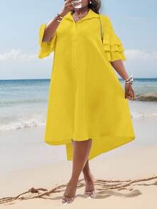 SHEIN Slayr 2025新款锐舞/复活节服装，复古富豪风，乡村音乐会服装，外出服装，仙女风，音乐节服装，热带度假女装，适合白色春夏，女士夏季服装，夏季，锐舞，欧洲夏季，春季服装，大码女士西式服装，音乐会，毕业典礼服装，日常通勤百搭设计，女士商务休闲装，简约休闲基础款沙滩短袖荷叶边衬衫，娃娃裙，不对称下摆中长连衣裙，长款连衣裙 - 黃色 - 查看 6