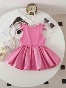 SHEIN Baby Girl Cute Pink Knitted Sleeveless Romper For Summer - Hot Pink - View 2
