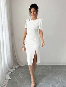 Elenzga Solid Color Round Neck Hollow Out High Slit Short Sleeve Dress - White - View 5
