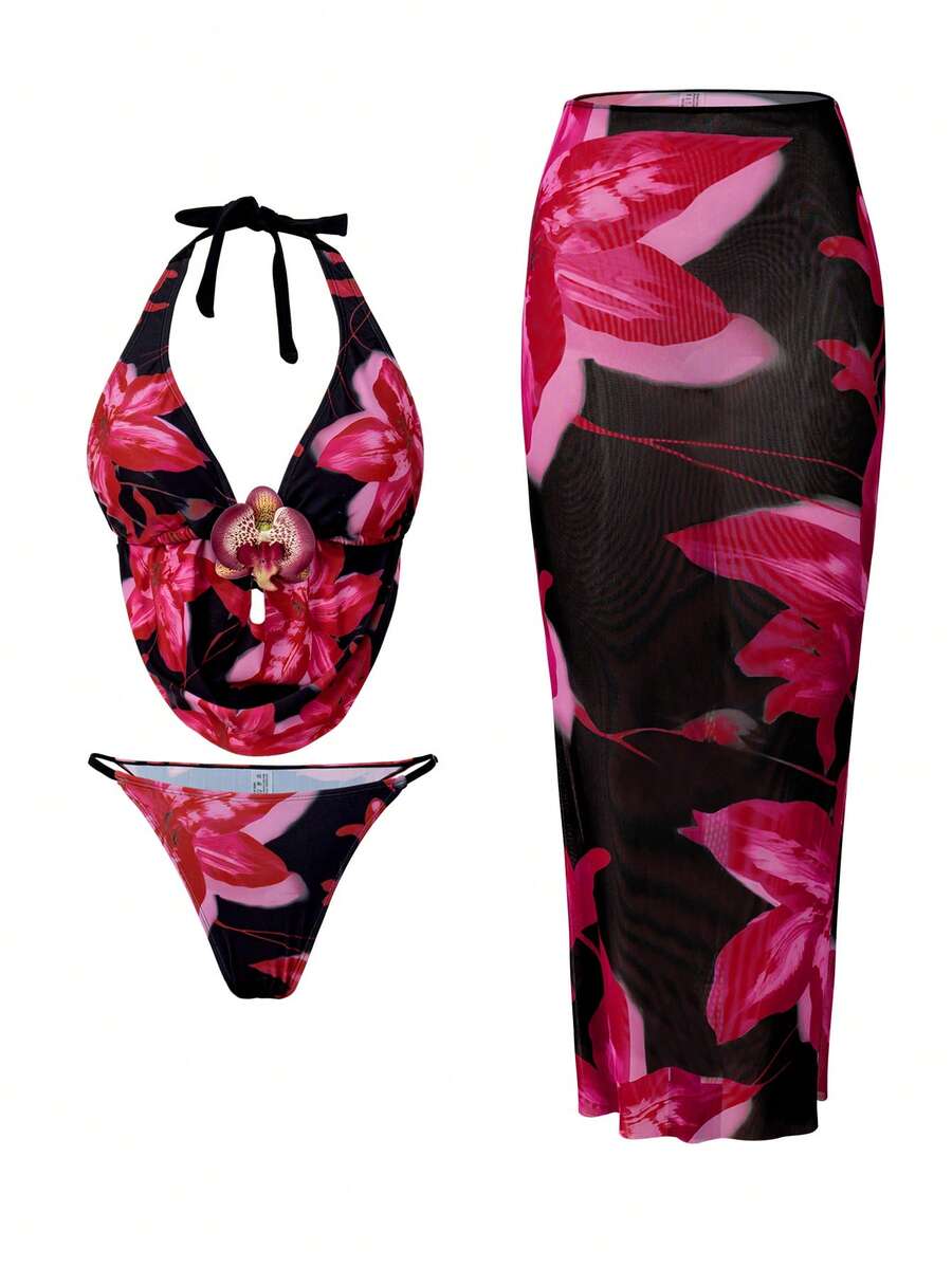 Swim Oasis 四件套沙滩装：印花垂褶领上衣（下摆亦有垂褶设计）、可调节腰围印花三角裤和印花纱笼裙，适合海滩、度假和休闲场合。 - 彩色 - 查看 1