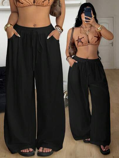 Coolane Women's Plus Size Summer  Vacation Outfit  Boho Chic Going Out Casual Cotton Solid Color Drawstring Waist Loose Black High-Waist Pants With Slimming Effect Oversized Inclusive Sizing Pant