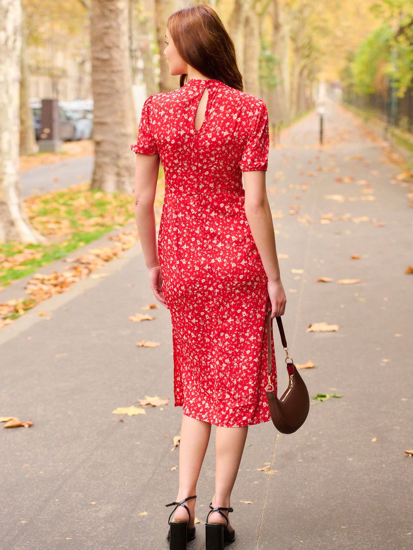 Red Floral Print Vintage Style Fitted Woven Dress With High Neck Valentines Day Dress New Year Dress Office Outfits For Women Red Floral Dress French Style Dress Winter Dress Summer Dress