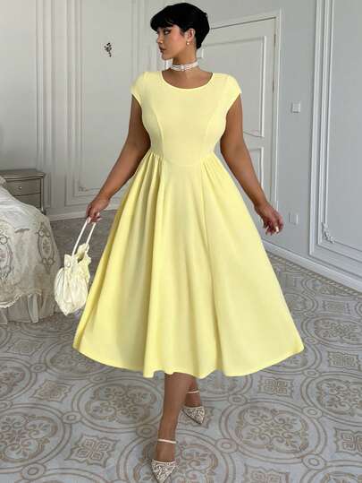 Lyrianda 休闲优雅简约法式圆领短袖A字中长连衣裙，大码，春夏款