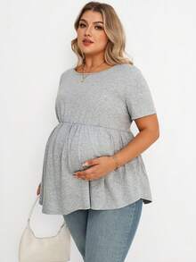 Plussiva Women's Plus Size Maternity Top,Plain Grey Summer Smart Casual Everyday Cotton Short Sleeve Babydoll Tops,Cross Straps Back Nursing Clothes Blouse - Grey - View 7