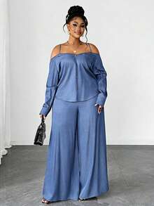 Maweii Plus Size Casual Commuter Off-Shoulder Camisole Top And Wide Leg Pants 2 Pieces Set Fall - Baby Blue - View 4