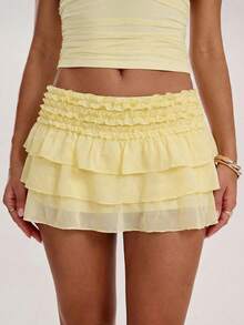 SHEIN BAE Chiffon Ruffle Hem Mini Skirt With Lining, Suitable For Beach Vacation, Music Festival, Summer, Sexy And Cute Mini Skirt - Light Yellow - View 1