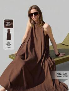 Ontre 女士深咖啡棕色舒适亲肤高品质亚麻竹纤维面料圆领无袖露背褶裥A字连衣裙，带口袋，低调复古风，优雅度假休闲风，时尚都市通勤风，高品质机场时尚，四季皆宜的荷叶边棕色连衣裙，度假装扮，女士沙滩装，四季皆宜的明星同款超大喇叭裙摆飘逸浪漫舒适的棕色连衣裙，无袖长款连衣裙，度假装，女士夏季连衣裙 - 咖啡棕 - 查看 5