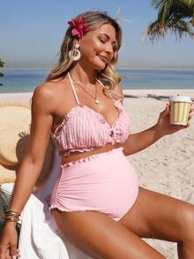 Swim Vcay Pregnant Women's Summer Beach Solid Color Ruched Halter Tie Sexy Bikini Swimwear Set - Pink - View 4