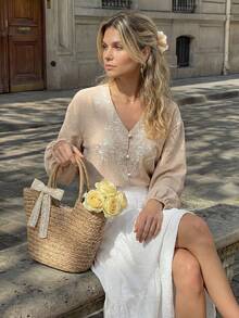 Hansera Casual Retro V-Neck Embroidered Pearl Decor Button Long Sleeve Fitted Women Shirt - Khaki - View 4