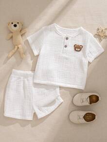 Souflis Souflis 2pcs/Set Cute Bear Pattern Short Sleeve Top And Pants Set, Casual French Style Baby Boy Outfit Baby Boy Short Set - White - View 4