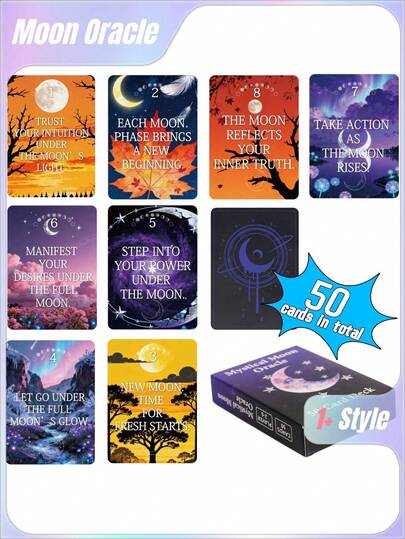 1副神秘月亮神谕卡牌 - 洞察人心的占卜卡，包含关键词，指导时机、人生选择和人际关系，适合初学者，趣味派对桌游，纸质材质，青少年及成人适用