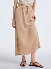 SHEIN Stylify Chân váy nữ kiểu dáng thường ngày, thắt eo, có túi và xẻ tà. - Màu Khaki - Xem 4