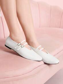 CUCCOO DOLLMOD 女士芭蕾平底鞋，玛丽珍平底鞋，套脚式，可调节系带圆头平底鞋，舒适时尚双扣芭蕾舞鞋 - 白色 - 查看 2