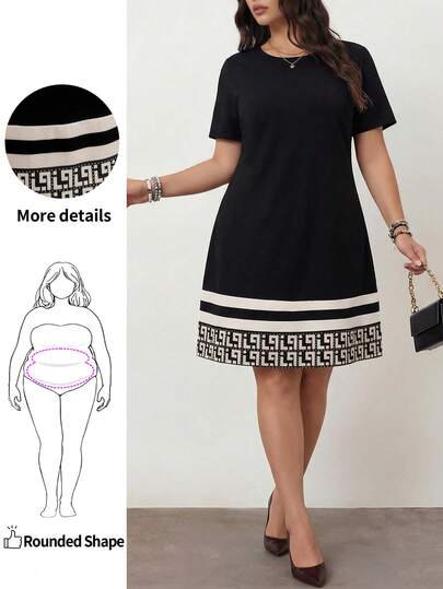 Enliva 女士加大码圆领短袖条纹休闲连衣裙