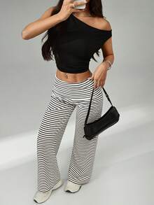 SHEIN PETITE Apricot Striped Knit Women's Trousers - Black and White - View 7