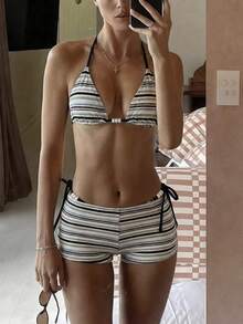 Bonvoyette 女士三件套沙滩装：纹理多色条纹面料挂脖比基尼上衣和下装，休闲甜美风格，适合度假 - 彩色 - 查看 1