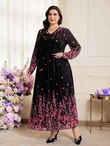 Modelyn Đầm dài tay cổ chữ V họa tiết hoa thanh lịch cỡ lớn cho nữ - màu đen - Xem 4