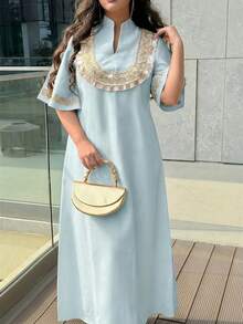 Al Najma 女士V领荷叶边短袖优雅阿拉伯风格连衣裙 - 藍色 - 查看 5