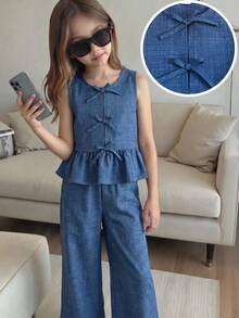 SHEIN 两件套女童格子圆领修身休闲上衣和宽松休闲裤 - 藍色 - 查看 1