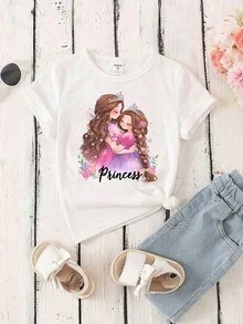 Camiseta casual de uso diario con cuello redondo, estampado de letras y dibujos animados para niña - Rosa - Ver 3