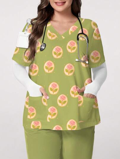 PopScrub Rose Flower Design Cartoon Print V-Neck Short Sleeve Pocket Ear Loop Split Hem Plus Size Scrub Top, Suitable For Spring/Summer Nurse/Healthcare Uniform, Suitable For Easter & Daily Wear