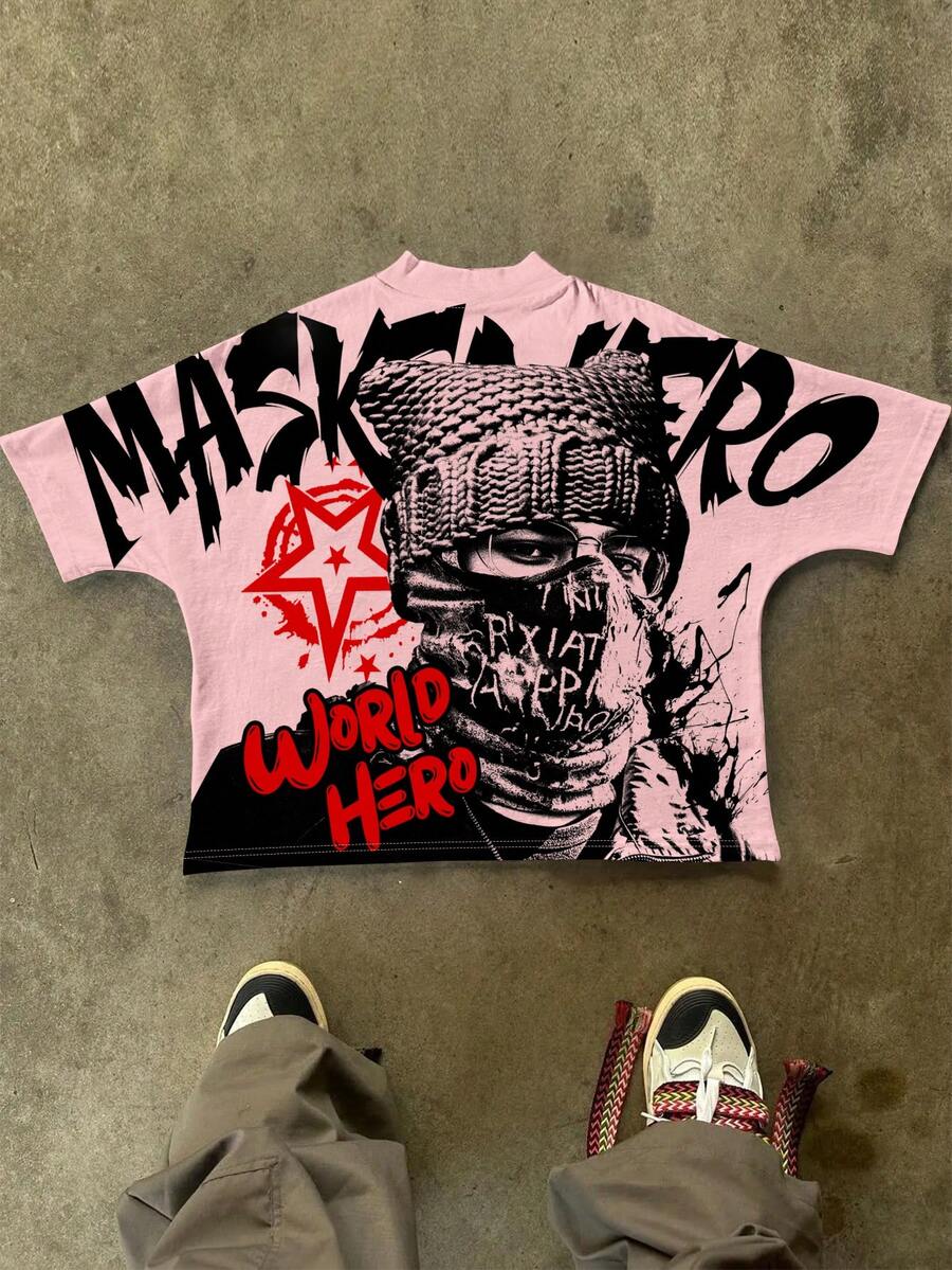 Manfinity EMRG Men's Letter Graphic Face Mask Print Round Neck Short Sleeve Casual T-Shirt - Multicolor - View 1