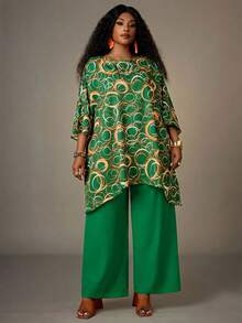 EMERY ROSE Plus Size Fashion Commuter All-Over Print Batwing Sleeve Top And Pants 2 Pieces Set Summer Outfits Summer Clothes Spring Dress Spring Outfit Women Spring Clothing Beach Vacation Outfits For Women  Women's Summer Set - Green - View 6