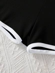 SHEIN 少女系带腰饰边休闲百搭短裤 - 黑色 - 查看 3