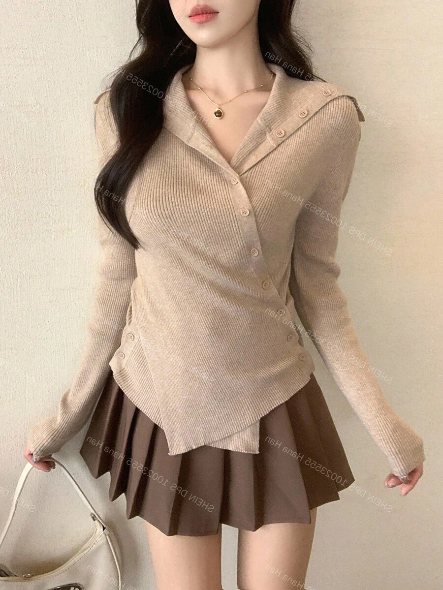 DAZY 女士不对称连帽韩版休闲长袖纯色毛衣,春秋季 - 卡其色 - 查看 1