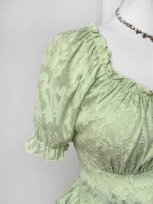 Flirla Blusa de mujer talla grande con mangas abullonadas de jacquard, bajo con volantes, estilo romántico de vacaciones y campo, primavera/verano - Verde - Ver 3