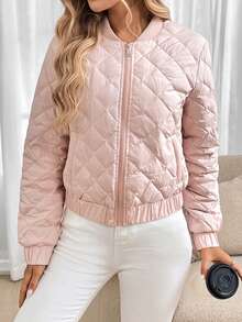 SHEIN LUNE Women's Solid Color Front Zip Up Pockets Minimalist Casual Jacket,Feathers& Down Coat - Pink - View 7