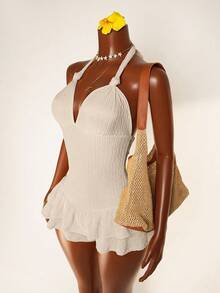 Mistrie Lace-Up Ruffle Hem Solid Color Halter Twist Front Jumpsuit - Apricot - View 3