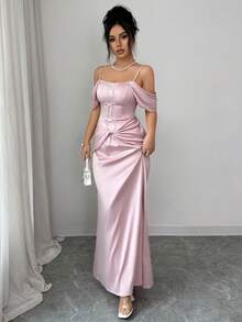 Elenzga 女士优雅时尚通勤休闲舒适迷人复古简约高端浪漫假日宫廷淑女温柔吊带露肩修身仿珍珠蝴蝶结装饰设计纯色缎面连衣裙 - 粉色 - 查看 4