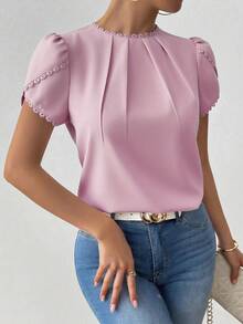 Rafferiza Blus Wanita Elegan Kasual Warna Polos dengan Hiasan Renda, Kerah Berkerut, dan Lengan Bentuk Kelopak Bunga - Berwarna merah muda - View 6