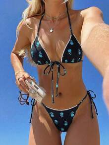 Swim Mod Set Bikini Halter Motif Bunga untuk Liburan Pantai Kasual Wanita, 2 Potong - MultiWarna - View 1